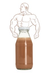 Glass bottle of chocolate shake with illustration of bodybuilder on white background