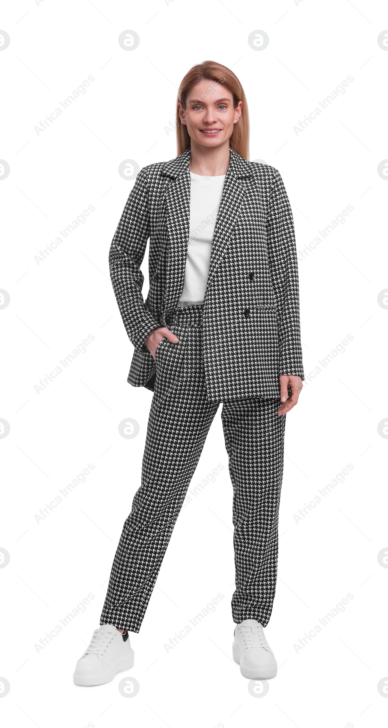 Photo of Beautiful happy businesswoman in suit on white background