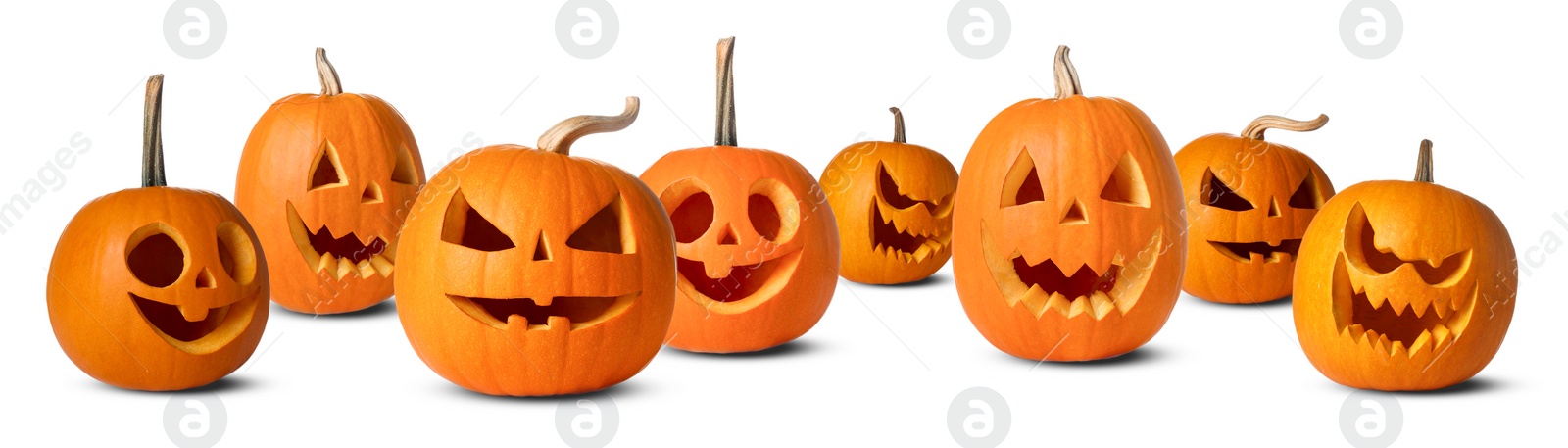 Image of Many pumpkins with carved spooky faces isolated on white, collection. Decoration for Halloween