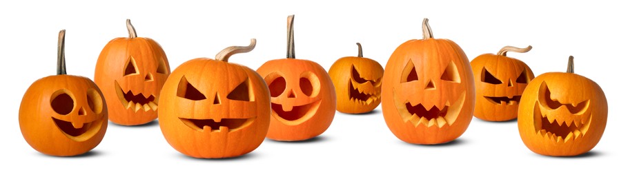 Many pumpkins with carved spooky faces isolated on white, collection. Decoration for Halloween