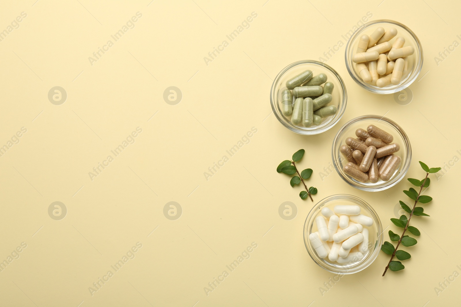 Photo of Different vitamin capsules in bowls and branches on pale yellow background, flat lay. Space for text