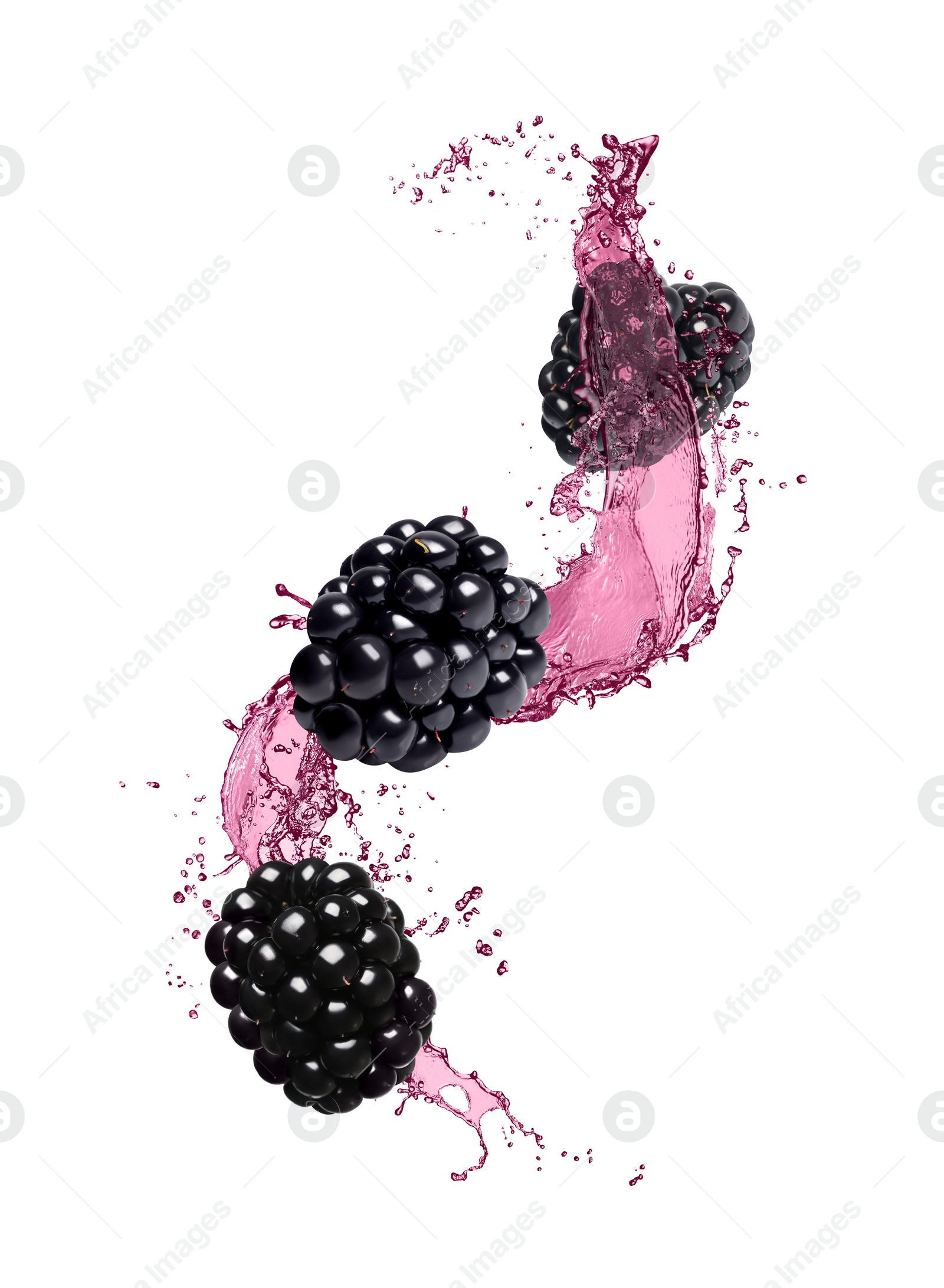 Image of Fresh blackberries and juice in air on white background