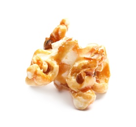 Delicious caramel popcorn on white background, closeup