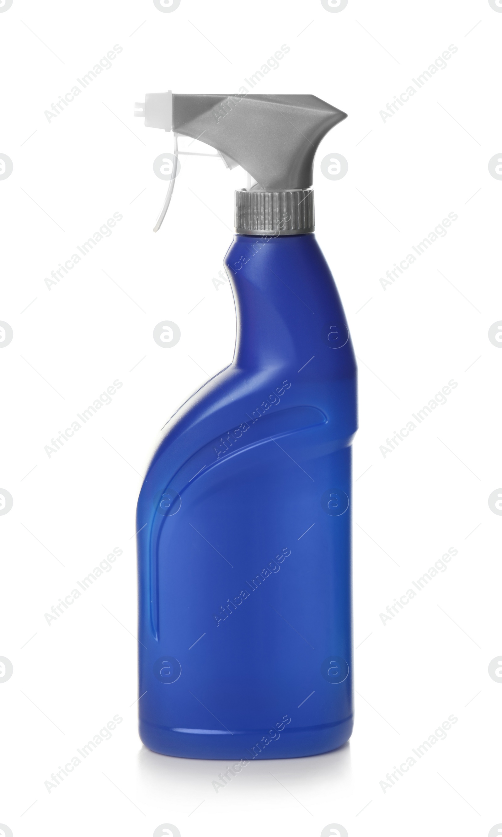 Photo of Spray bottle with detergent on white background. Cleaning supplies