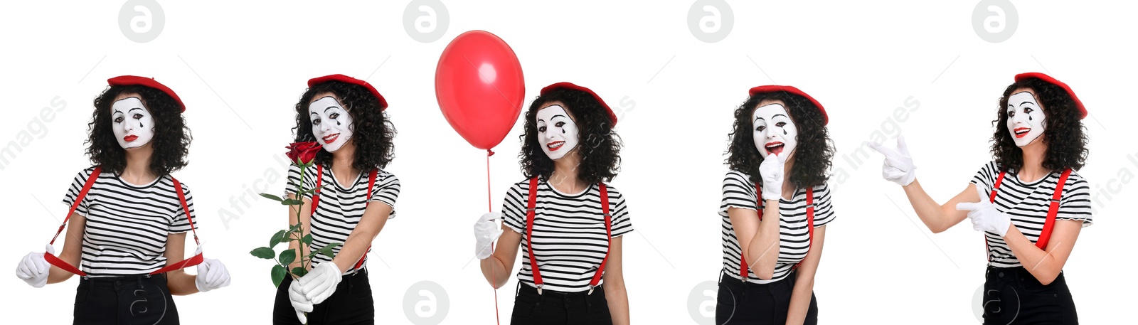 Image of Funny mime on white background, set of photos