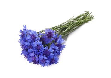 Photo of Beautiful bouquet of cornflowers isolated on white