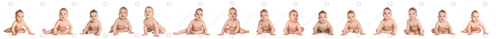 Image of Collage of cute little baby on white background. Banner design