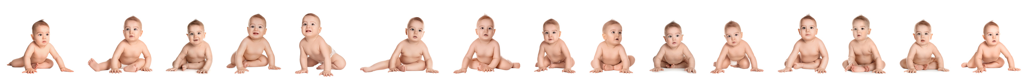 Collage of cute little baby on white background. Banner design