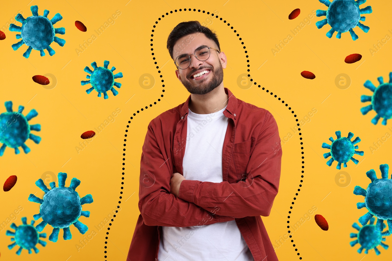 Image of Man with strong immunity surrounded by viruses on orange background