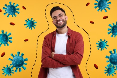Man with strong immunity surrounded by viruses on orange background