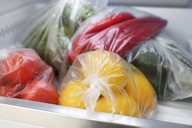 Photo of Plastic bags with different fresh products in refrigerator, closeup