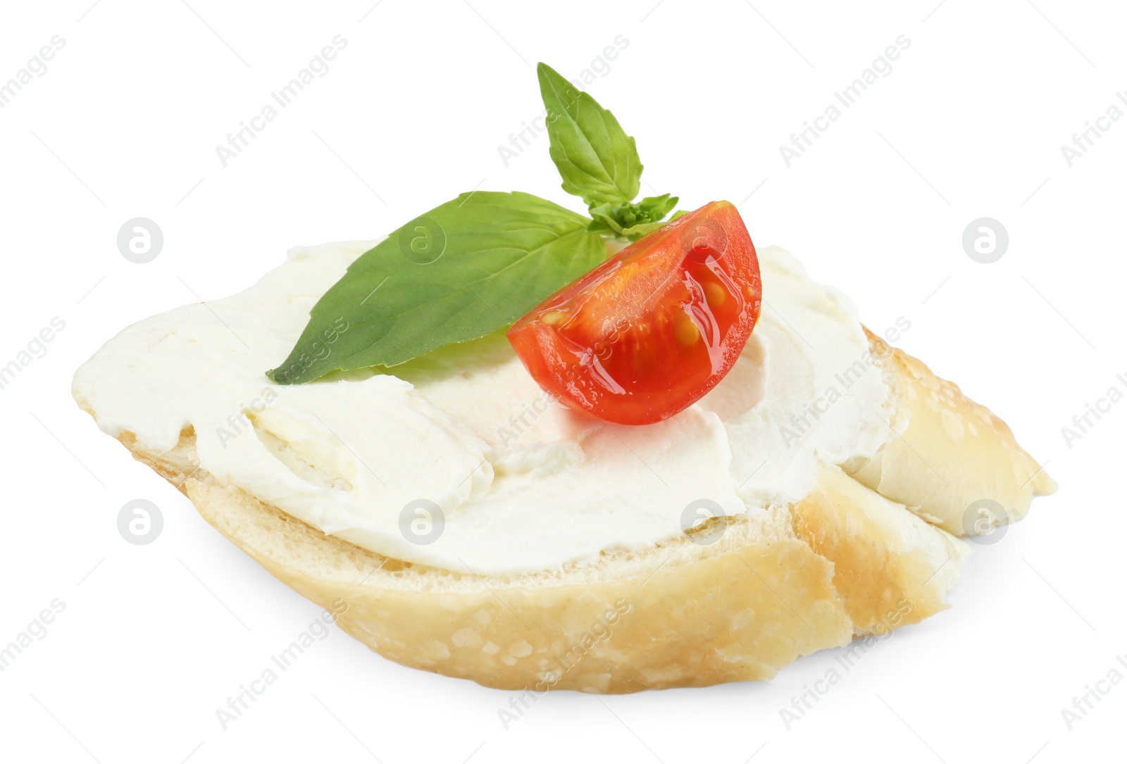 Photo of Bruschetta with cream cheese, tomato and basil leaves isolated on white