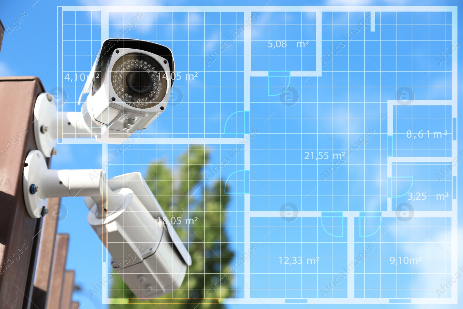 Image of Modern CCTV security cameras against blue sky and digital schema
