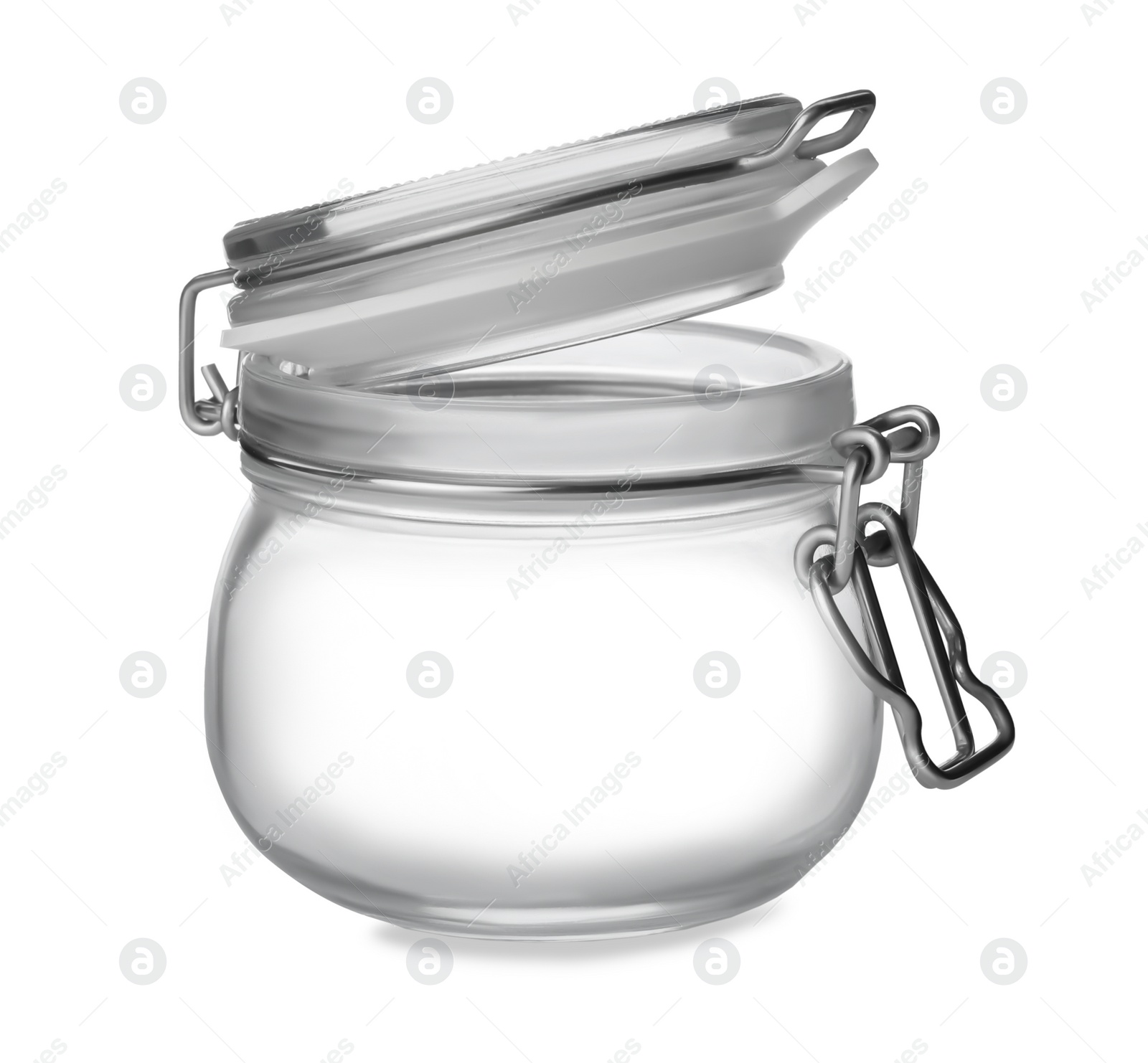 Photo of Open empty glass jar isolated on white