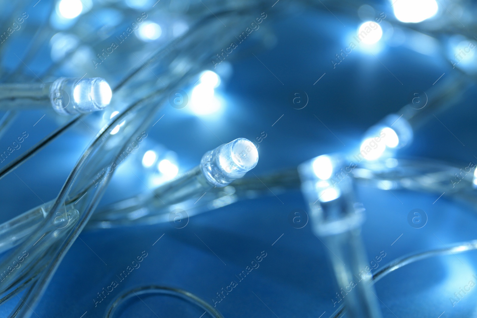 Photo of Glowing Christmas lights on blue background, closeup