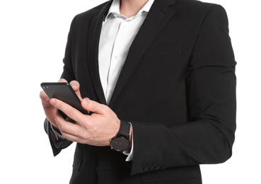 Photo of Businessman with smartphone on white background, closeup