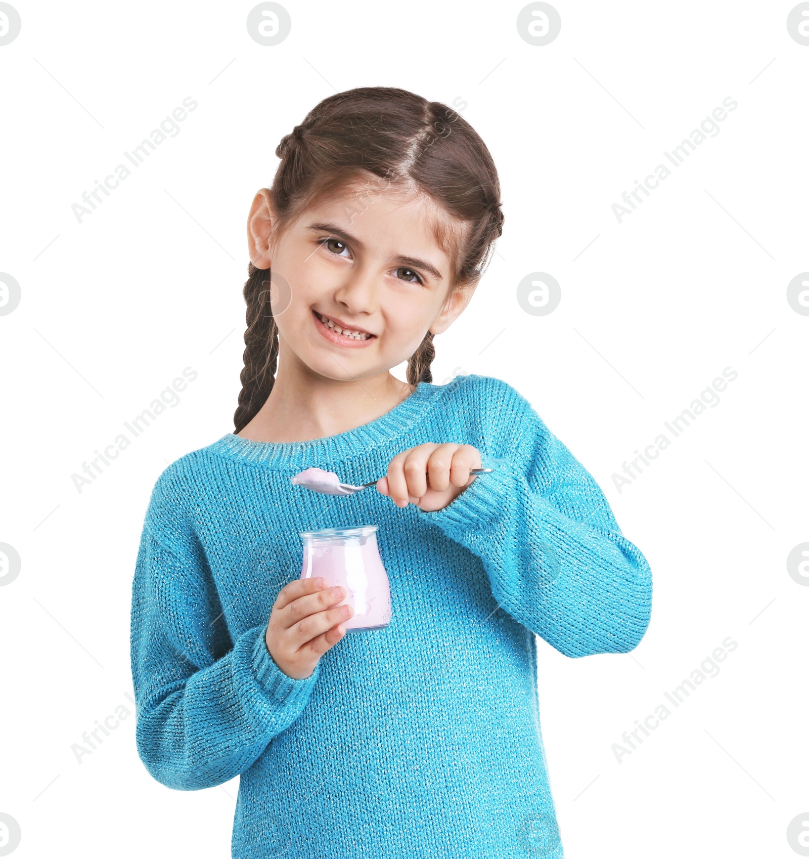 Photo of Little girl with yogurt on white background