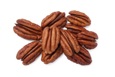 Photo of Many tasty pecan nuts isolated on white