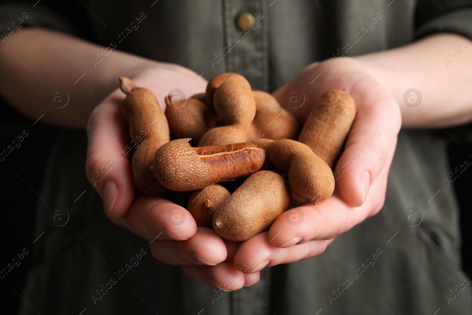 Photo of Woman holding fresh ripe tamarinds, closeup view