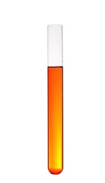 Photo of Test tube with color liquid on white background. Solution chemistry