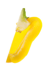 Photo of Slice of yellow bell pepper isolated on white