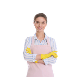 Young chambermaid wearing gloves on white background