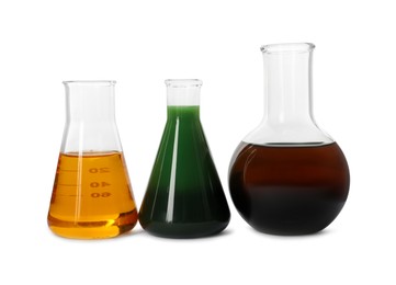 Photo of Flasks with different types of oil isolated on white