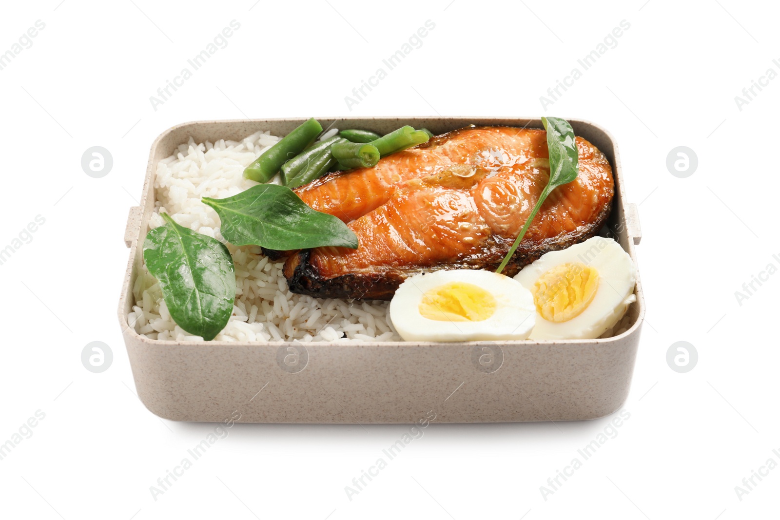 Photo of Container with natural protein food on white background