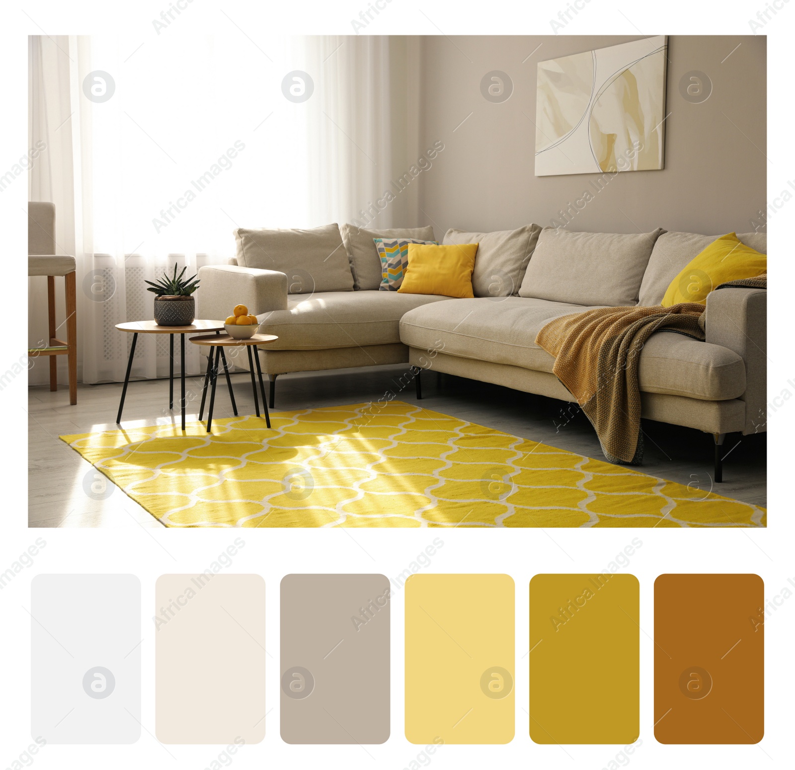 Image of Color palette and photo of stylish living room interior. Collage