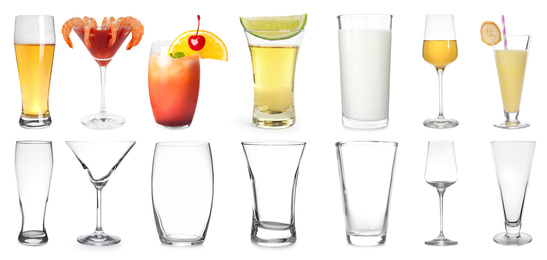 Image of Collage with full and empty glasses on white background. Banner design