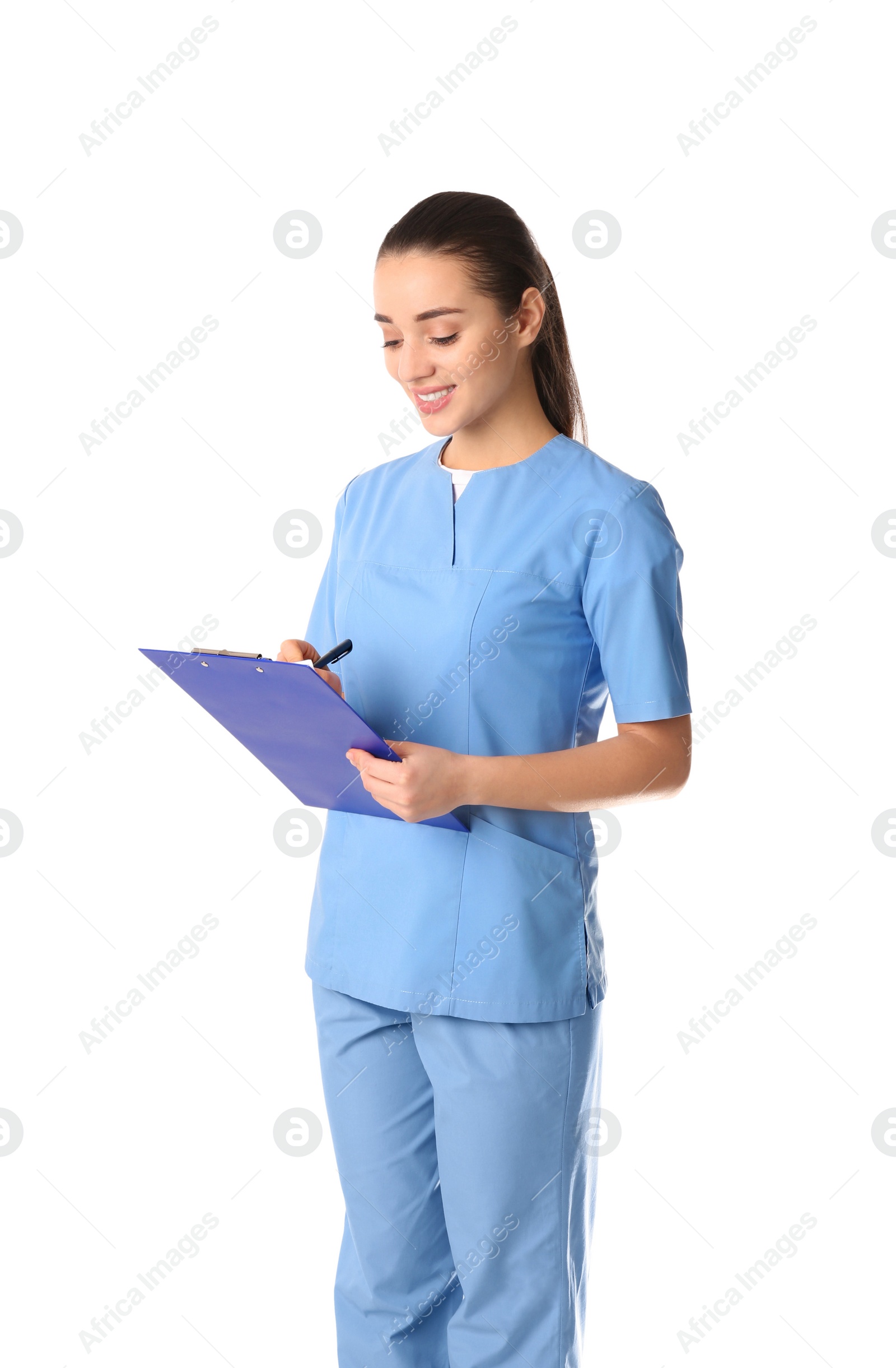 Photo of Young medical student with clipboard on white background