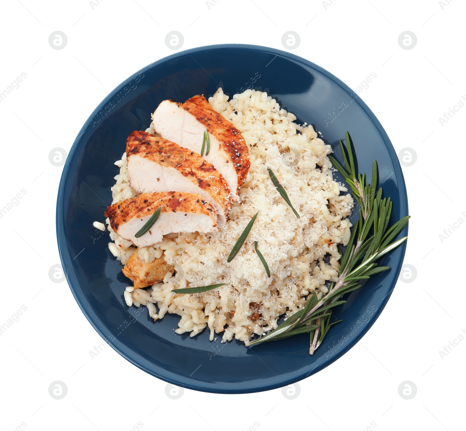 Photo of Delicious risotto with chicken isolated on white, top view