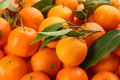 Photo of Fresh tangerines with green leaves as background, closeup