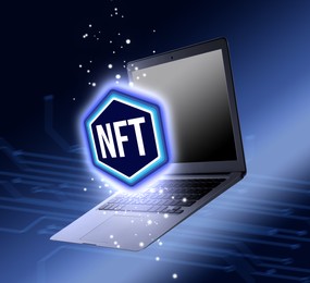 Abbreviation NFT (non-fungible token) and laptop on blue background with scheme