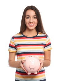 Photo of Portrait of young woman with piggy bank on white background