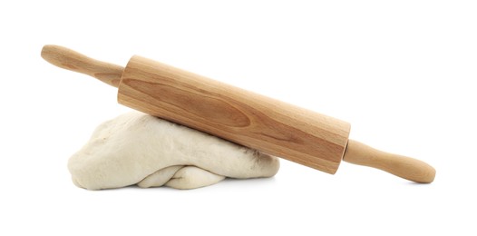 Photo of Raw dough and rolling pin isolated on white