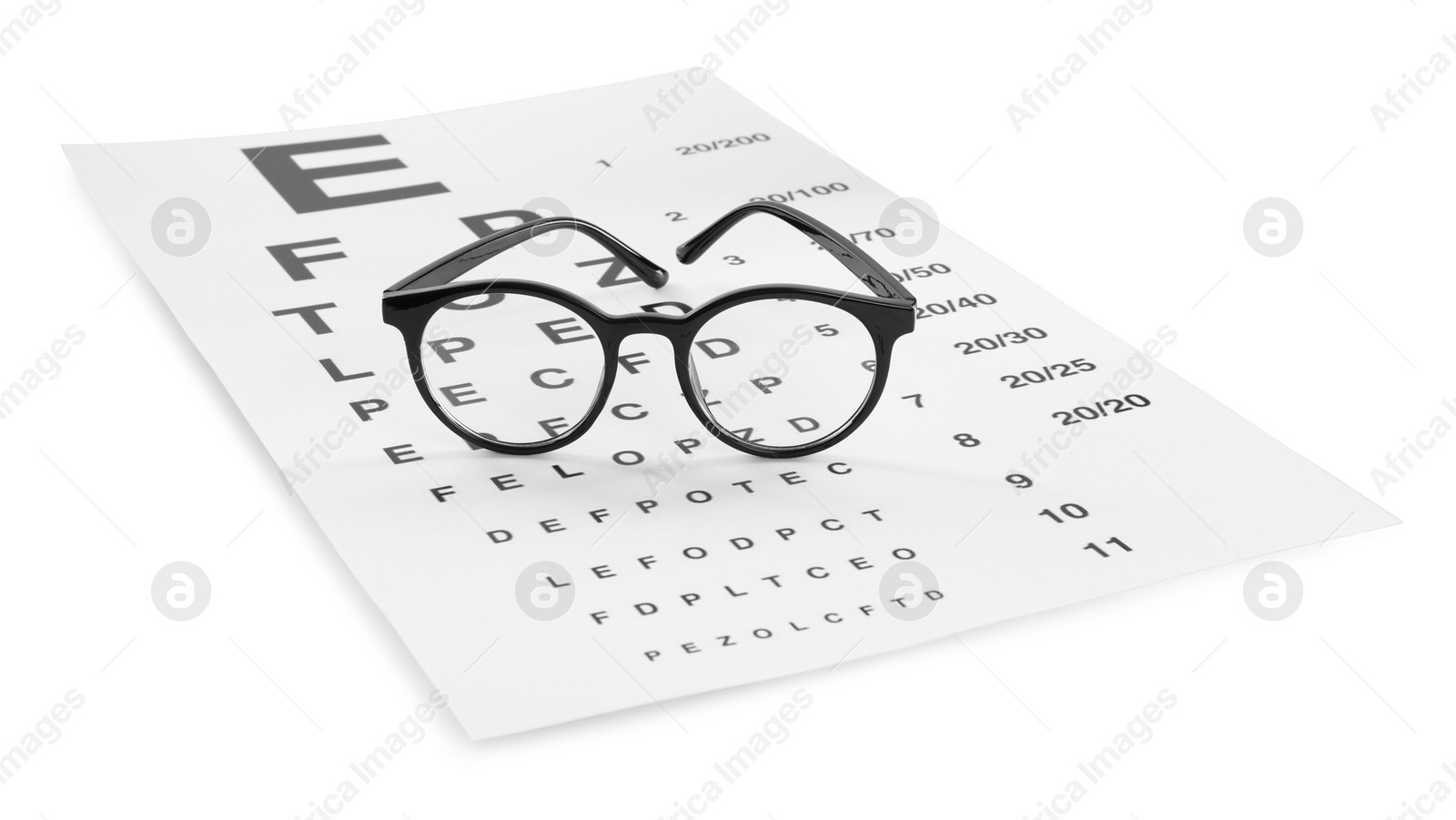 Photo of Eye chart test and glasses on white background. Ophthalmologist tools