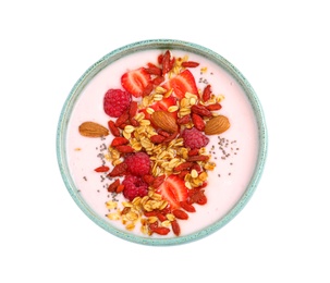 Photo of Smoothie bowl with goji berries on white background, top view