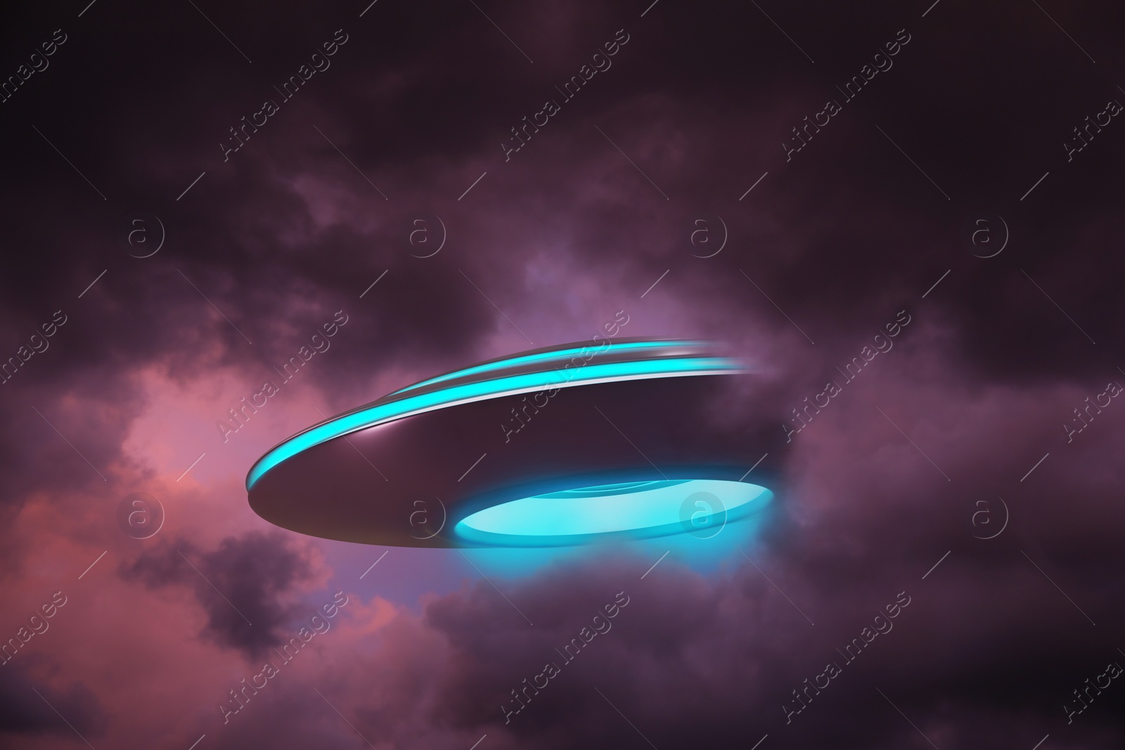 Image of UFO. Alien spaceship among clouds in sky. Extraterrestrial visitors