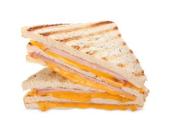 Photo of Delicious grilled sandwiches with ham and cheese isolated on white