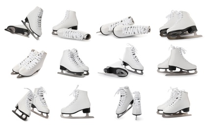 Image of Set with ice skates on white background 