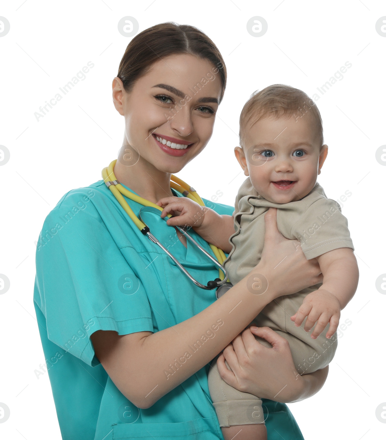 Photo of Young pediatrician with cute little baby on white background