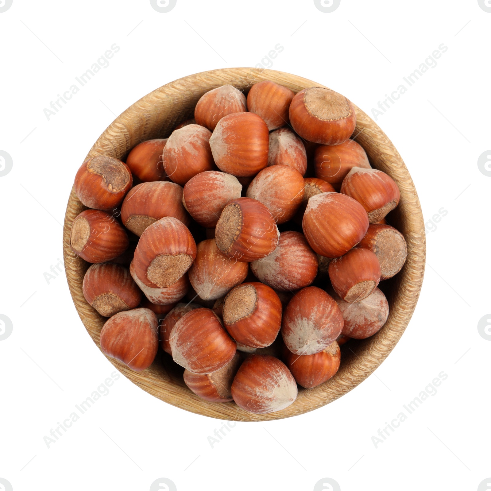 Photo of Bowl with tasty organic hazelnuts on white background, top view