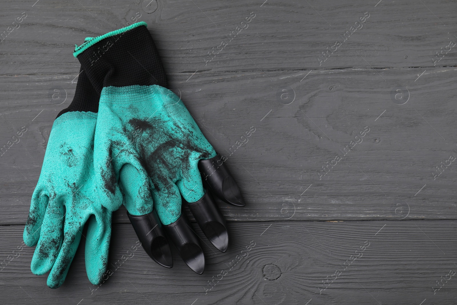 Photo of Pair of claw gardening gloves on grey wooden table, top view. Space for text