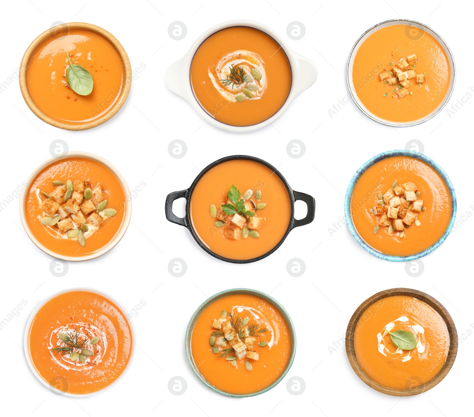 Image of Set of fresh pumpkin soups on white background, top view