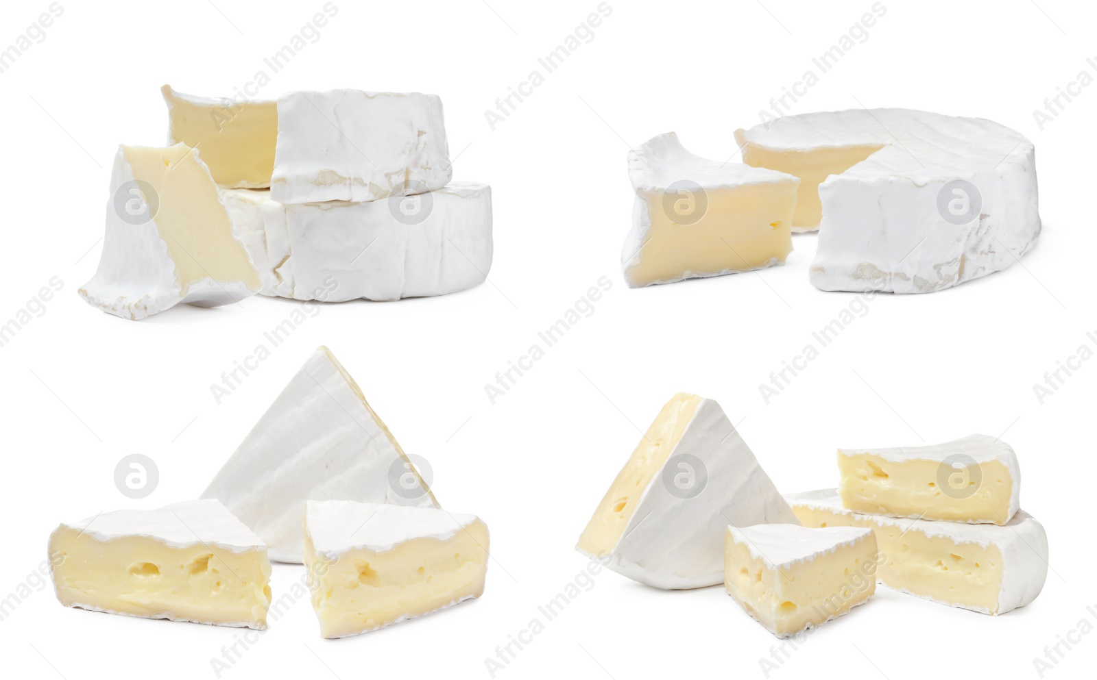 Image of Set with tasty brie cheese on white background