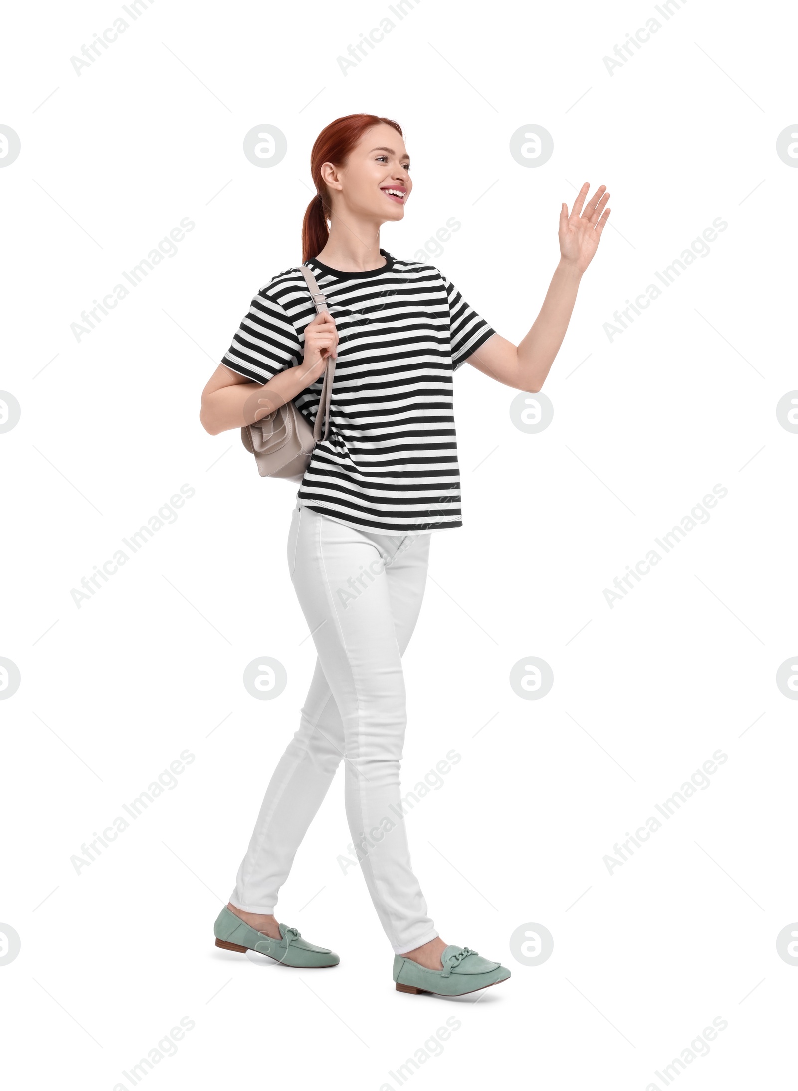 Photo of Happy woman with backpack on white background