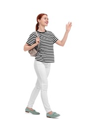 Photo of Happy woman with backpack on white background