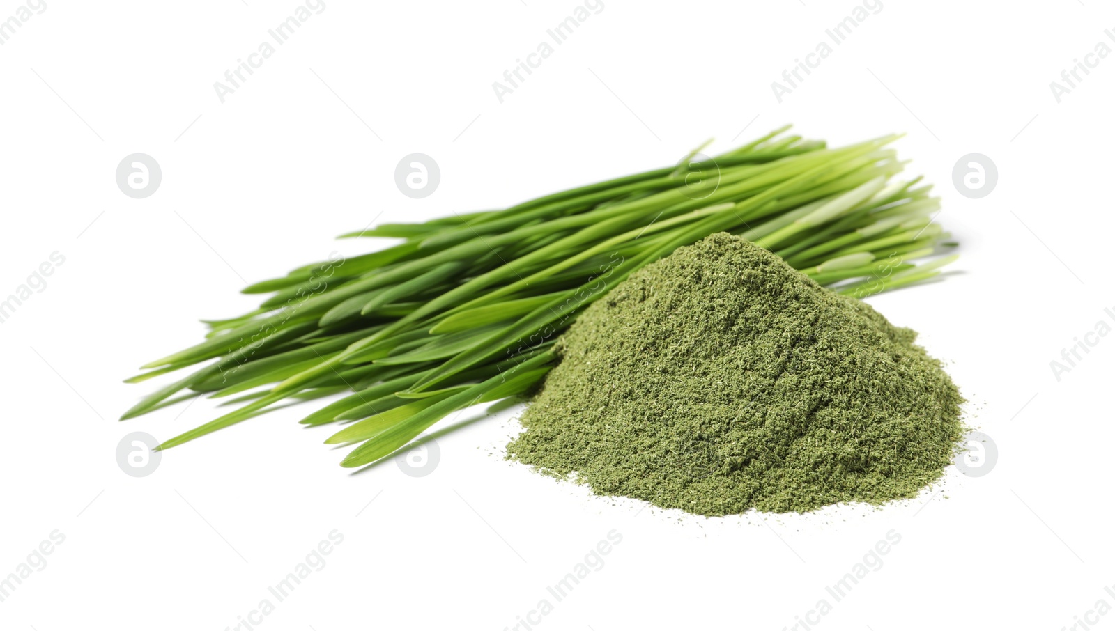 Photo of Pile of wheat grass powder and fresh sprouts isolated on white