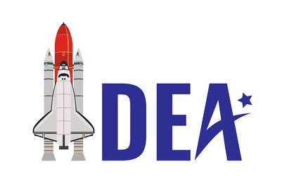 Illustration of Word Idea with illustration of rocket instead of letter I on white background